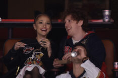 Ariana Grande and Ethan Slater look on prior to Game One of the 2024 Stanley Cup Final between the Florida Panthers and the Edmonton Oilers at Amerant Bank Arena on June 08, 2024 in Sunrise, Florida.