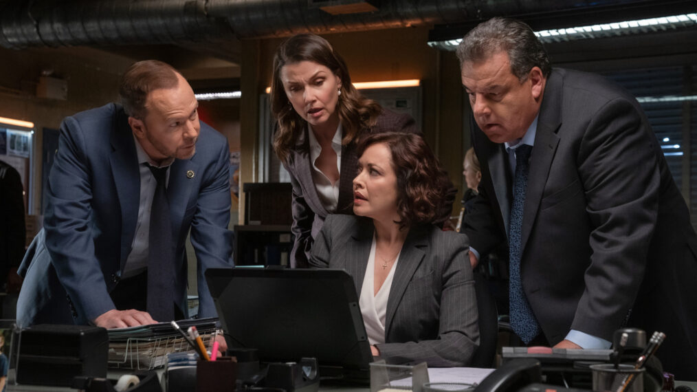 Donnie Wahlberg as Danny Reagan, Bridget Moynahan as Erin Reagan Boyle, Marisa Ramirez as Maria Baez, and Steve Schirripa as Anthony Abetemarco in Blue Bloods - 'End of Tour'