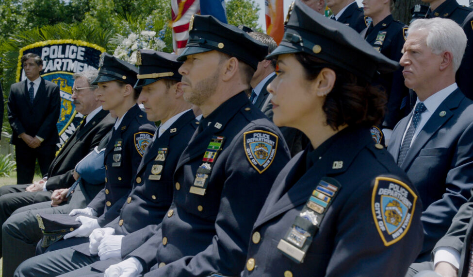 Tom Selleck as Frank Reagan, Vanessa Ray as Eddie, Will Estes as Jamie Reagan, Donnie Wahlberg as Danny Reagan, Marisa Ramirez as Maria Baez, and Gregory Jbara as Garrett Moore in Blue Bloods - 'End of Tour'