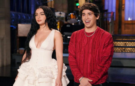 Charli XCX and Marcello Hernández filming a 'Saturday Night Live' promo