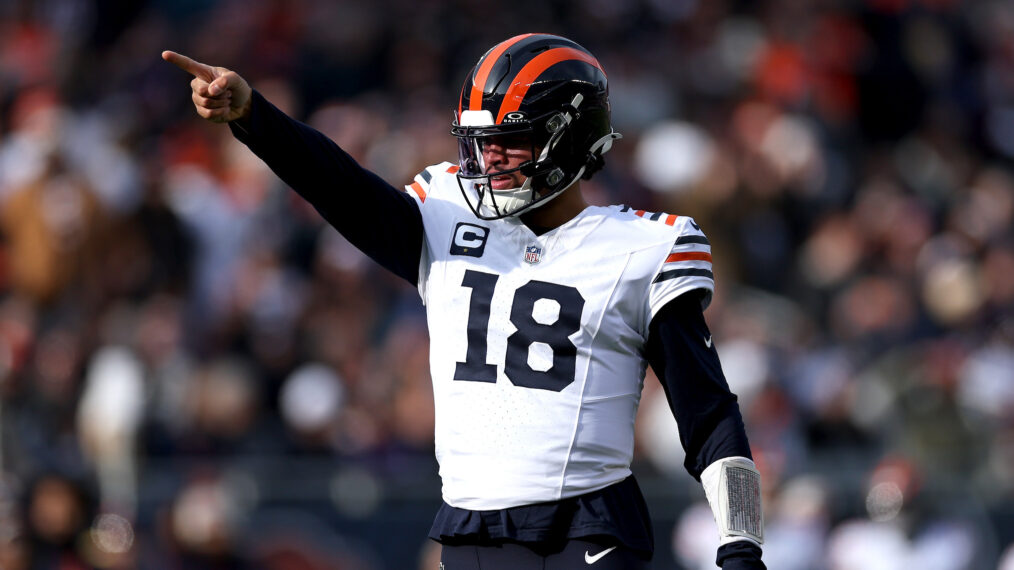 Caleb Williams #18 of the Chicago Bears reacts against the Minnesota Vikings at Soldier Field on November 24, 2024 in Chicago, Illinois.