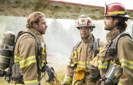 Max Thieriot as Bode Leone, Jordan Calloway as Jake Crawford, and Jared Padalecki as Camden Casey — 'Fire Country' Season 3 Episode 5 