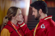 Hunter King and Tyler Hynes in 'Holiday Touchdown: A Chiefs Love Story'