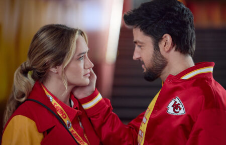 Hunter King and Tyler Hynes in 'Holiday Touchdown: A Chiefs Love Story'