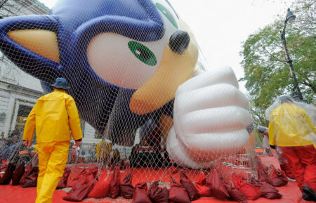 Sonic the Hedgehog balloon at the Macy's Thanksgiving Day Parade Inflation Eve event