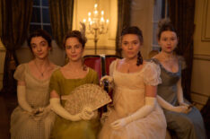 Patsy Ferran as Jane Austen, Madeleine Walker as Eliza Fowle, Synnøve Karlsen as Cassy Austen, and Liv Hill as Young Mary in 'Miss Austen'