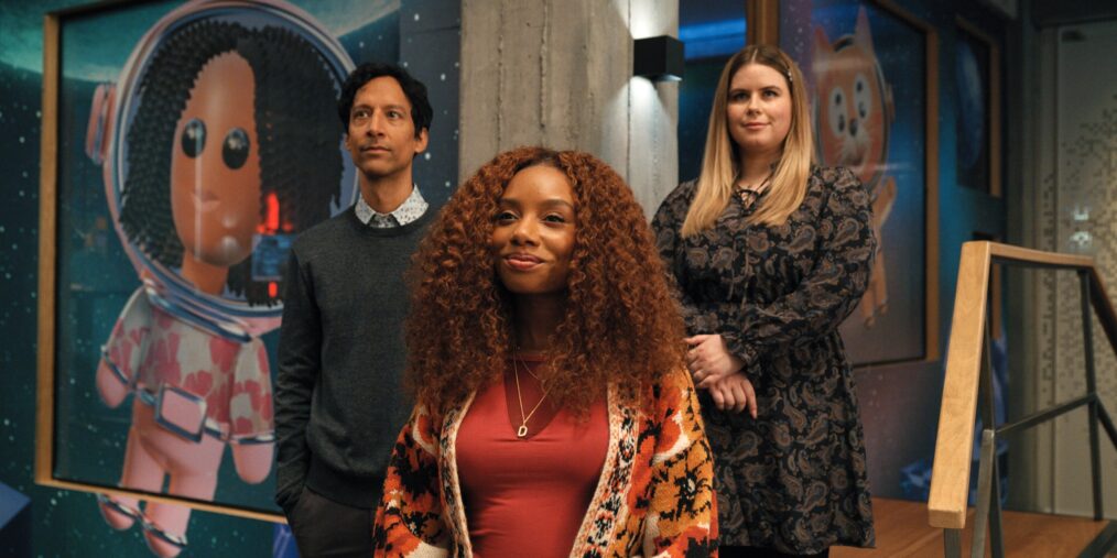 Danny Pudi, Imani Hakim, and Jessie Ennis in 'Mythic Quest' Season 4 