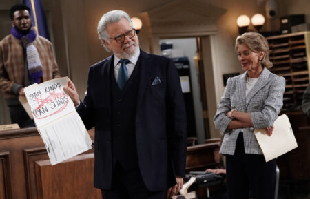 Nyambi Nyambi as Wyatt, John Larroquette as Dan Fielding, Wendie Malick as Julianne Walters in 'Night Court' Season 3 Episode 1 - 'The Judge’s Boyfriend’s Dad'