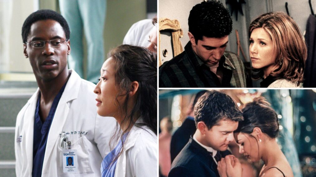 Isaiah Washington as Dr. Preston Burke and Sandra Oh as Dr. Cristina Yang on 'Grey’s Anatomy', David Schwimmer as Ross Geller and Jennifer Aniston as Rachel Green on 'Friends', and Joshua Jackson as Pacey Witter and Katie Holmes as Joey Potter in 'Dawson's Creek'