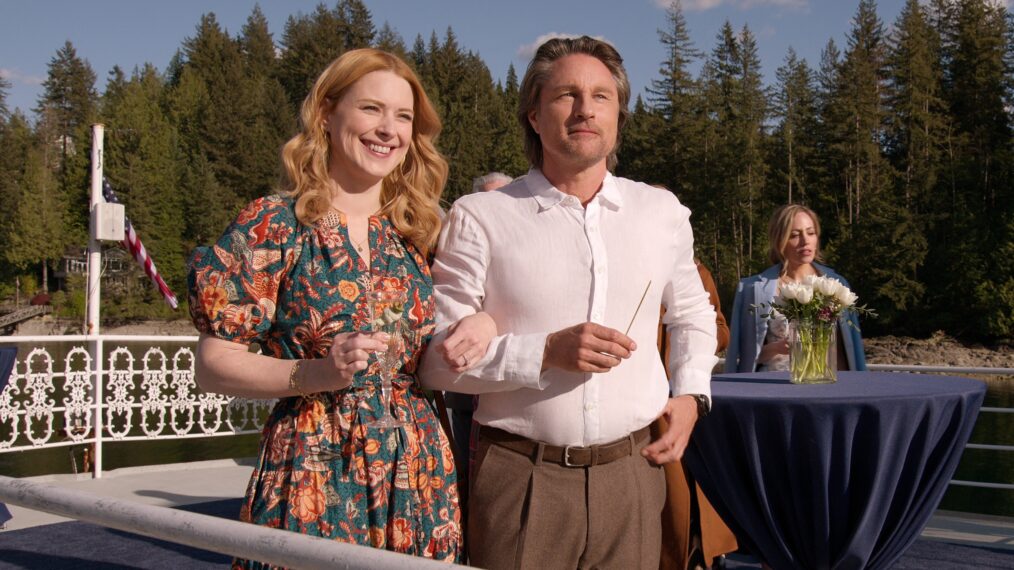 Alexandra Breckenridge as Mel Monroe, Martin Henderson as Jack Sheridan, Zibby Allen as Brie Sheridan in episode 608 of Virgin River.