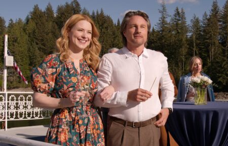 Alexandra Breckenridge as Mel Monroe, Martin Henderson as Jack Sheridan, Zibby Allen as Brie Sheridan in episode 608 of Virgin River.