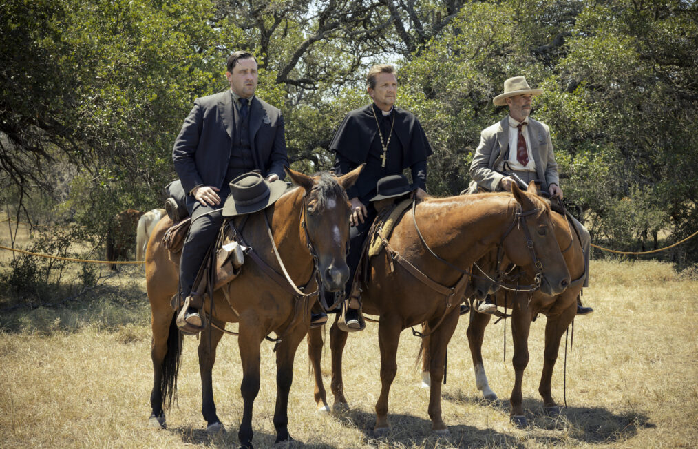 Ross Crain as Marshall Thomas, Sebastian Roche as Father Renaud, and James McShane as Marshall Kent in '1923' Season 2 Episode 1