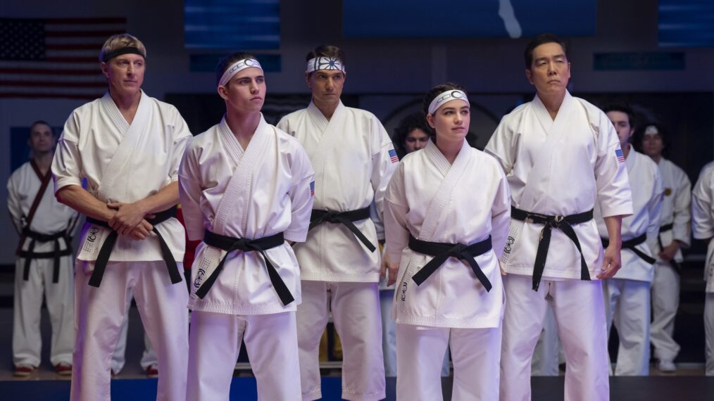 William Zabka as Johnny Lawrence, Tanner Buchanan as Robby Keene, Ralph Macchio as Daniel LaRusso, Mary Mouser as Samantha LaRusso, Yuji Okumoto as Chozen in Cobra Kai