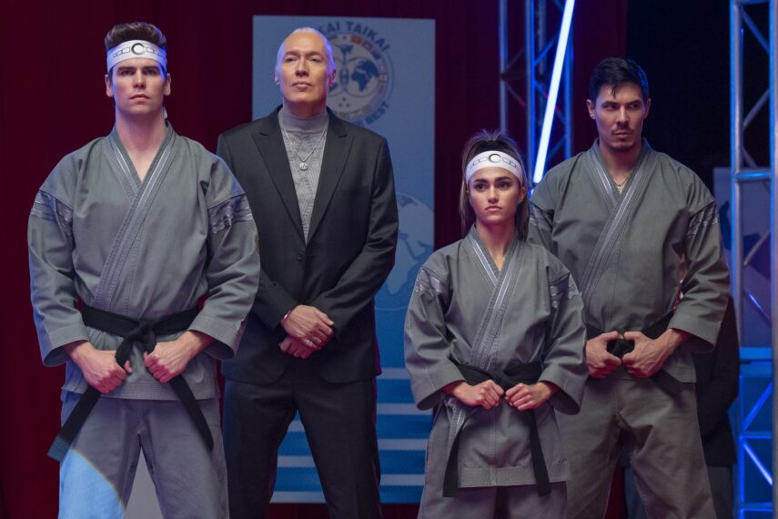 Cobra Kai. (L to R) Patrick Luwis as Axel, Thomas Ian Griffith as Terry Silver, Rayna Vallandingham as Zara, Lewis Tan as Sensei Wolf in Cobra Kai. Cr. Curtis Bonds Baker/Netflix © 2024