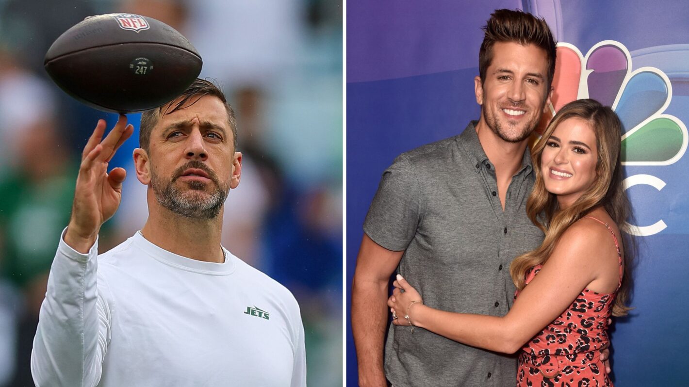 JACKSONVILLE, FLORIDA - DECEMBER 15: Aaron Rodgers #8 of the New York Jets looks on before the game against the Jacksonville Jaguars at EverBank Stadium on December 15, 2024 in Jacksonville, Florida and BEVERLY HILLS, CALIFORNIA - AUGUST 08: (L-R) Jordan Rodgers and JoJo Fletcher attend the 2019 TCA NBC Press Tour Carpet at The Beverly Hilton Hotel on August 08, 2019 in Beverly Hills, California.