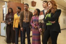 Janelle James, Sheryl Lee Ralph, Tyler James Williams, Quinta Brunson, Chris Perfetti, and Lisa Ann Walter in 'Abbott Elementary's crossover with 'It's Always Sunny in Philadelphia'