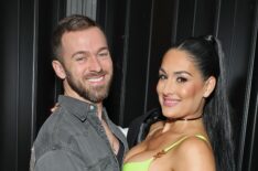 Artem Chigvintsev and Nikki Bella attend Brie and Nikki Bella's live edition of SiriusXM's The Bellas Podcast on February 08, 2023 in Phoenix, Arizona.