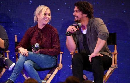 Eliza Taylor and Bob Morley during New York Comic Con at Jacob Javits Center on October 6, 2018 in New York City.