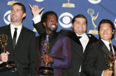 Matthew Fox, Harold Perrineau Jr., Jorge Garcia, and Daniel Dae Kim celebrating 'Lost' winning Outstanding Drama Series at the 2005 Primetime Emmy Award