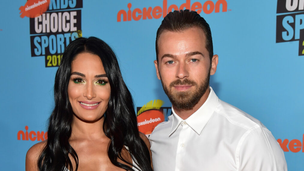 Nikki Bella and Artem Chigvintsev attend Nickelodeon Kids' Choice Sports 2019 at Barker Hangar on July 11, 2019 in Santa Monica, California.