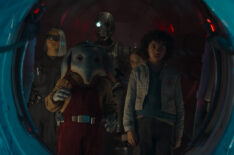 KB (Kyriana Kratter), Neel (Robert Timothy Smith), SM-33 (voiced by Nick Frost), Fern (Ryan Kiera Armstrong), and Wim (Ravi Cabot-Conyers) in 'Star Wars: Skeleton Crew'