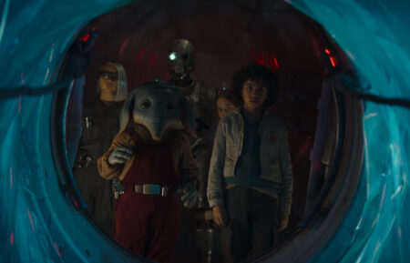 KB (Kyriana Kratter), Neel (Robert Timothy Smith), SM-33 (voiced by Nick Frost), Fern (Ryan Kiera Armstrong), and Wim (Ravi Cabot-Conyers) in 'Star Wars: Skeleton Crew'