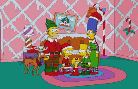 THE SIMPSONS, (from left): Santa's Little Helper, Homer Simpson, Lisa Simpson, Maggie Simpson, Bart