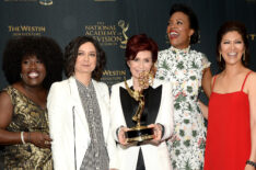 Sheryl Underwood, Sara Gilbert, Sharon Osbourne, Aisha Tyler, and Julie Chen Moonves celebrating their win at the 2016 Daytime Emmy Awards