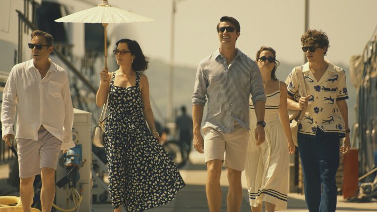 Jason Isaacs, Parker Posey, Patrick Schwarzenegger, Sarah Catherine Hook, and Sam Nivola in 'The White Lotus' Season 3