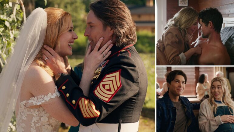 Alexandra Breckenridge and Martin Henderson in Season 6; Zibby Allen and Benjamin Hollingsworth in Season 5; Kai Bradbury and Sarah Dugdale in 'Virgin River' Season 6