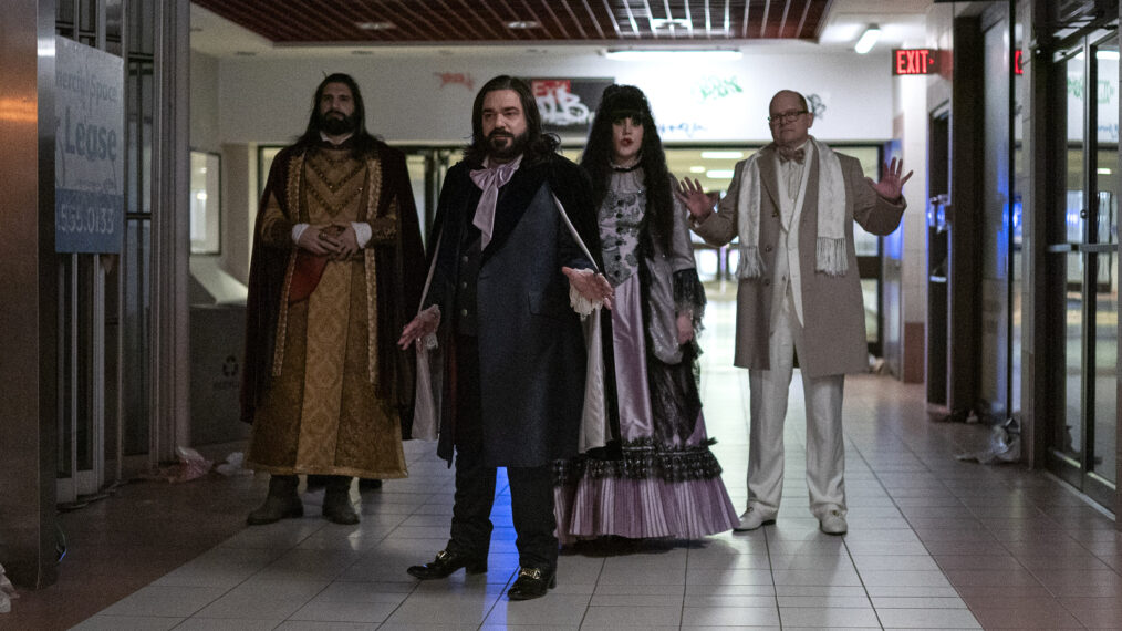 Kayvan Novak as Nandor, Matt Berry as Laszlo, Natasia Demetriou as Nadja, Mark Proksch as Colin Robinson in 'What We Do in the Shadows'