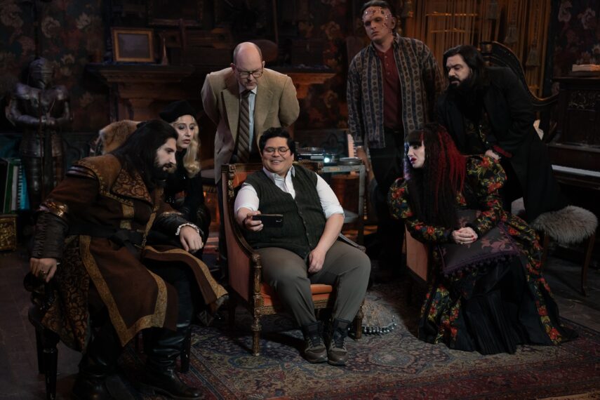 Kayvan Novak as Nandor, Kristen Schaal as The Guide, Mark Proksch as Colin Robinson, Harvey Guillén as Guillermo, Andy Assaf as Monster, Natasia Demetriou as Nadja, and Matt Berry as Laszlo in 'What We Do in the Shadows' finale