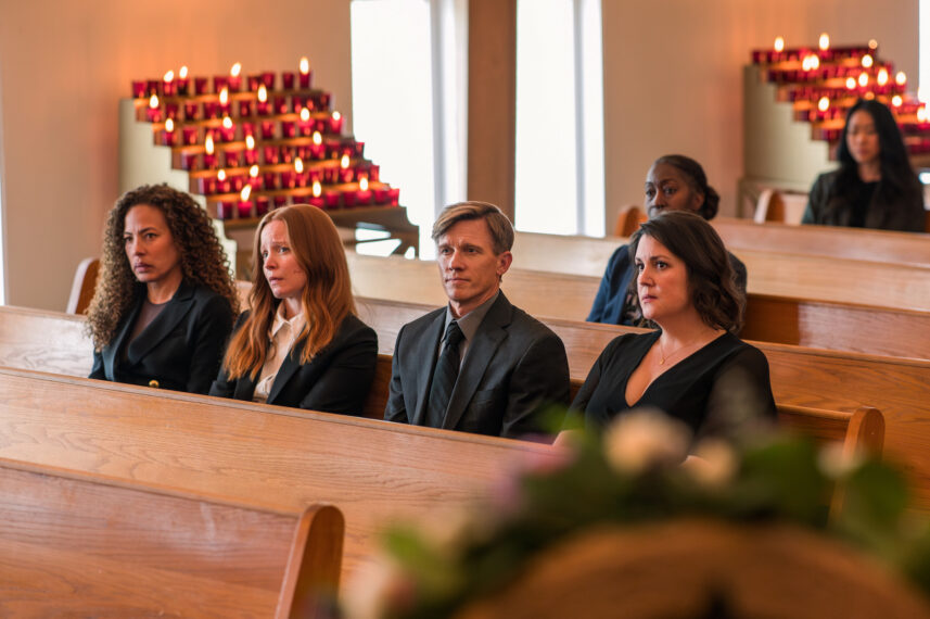 L-R: Tawny Cypress as Taissa, Lauren Ambrose as Van, Warren Kole as Jeff Sadecki and Melanie Lynskey as Shauna in 'Yellowjackets' Season 3 Episode 1