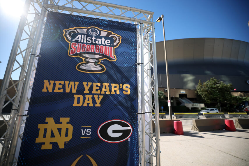 A sign for the Allstate Sugar Bowl between Georgia and Notre Dame is seen outside the Louisiana Superdome on January 1, 2025