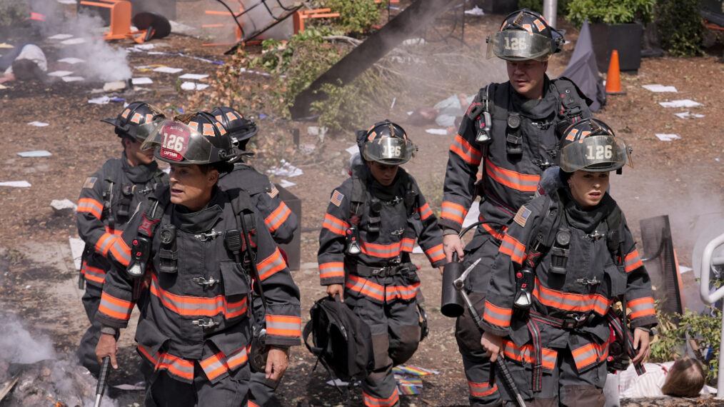 Rob Lowe (L) and Natacha Karam (R) in the series finale of '9-1-1: Lone Star' - 'Homecoming'