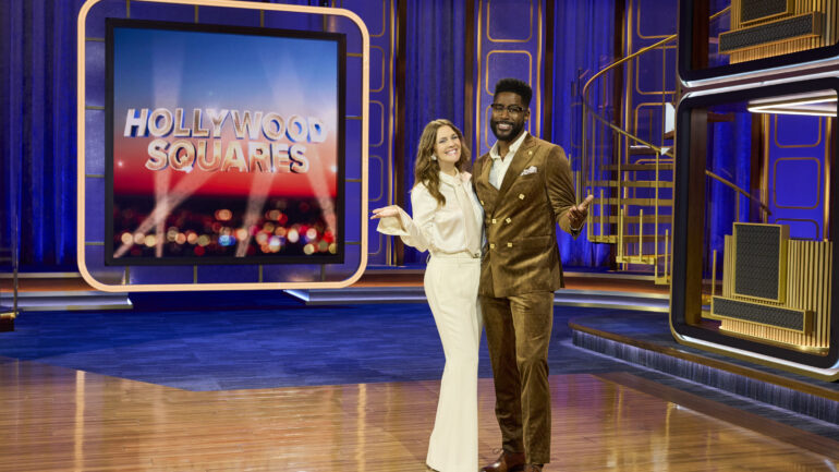 Drew Barrymore and Nate Burleson, co-hosts of the CBS Original Series Hollywood Squares