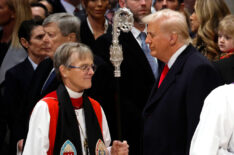 Bishop Mariann Edgar Budde arrives as U.S. President Donald Trump looks on during the National Prayer Service at Washington National Cathedral on January 21, 2025 in Washington, DC. Tuesday marks Trump's first full day of his second term in the White House. (Photo by Chip Somodevilla/Getty Images)