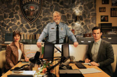 Leighton Meester as Lou, Clancy Brown as Big Hank, and Luke Cook as Henry in Good Cop/Bad Cop