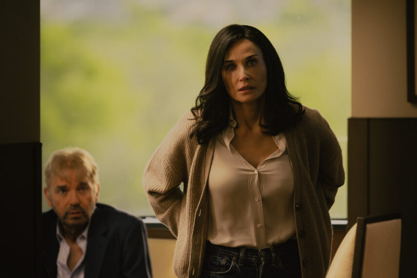 L to R Billy Bob Thornton as Tommy Norris and Demi Moore as Cami Miller in season 1, episode 10 of Landman streaming on Paramount+. Photo credit: Emerson Miller/Paramount+.