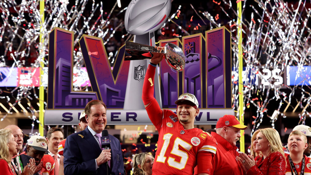 Patrick Mahomes #15 of the Kansas City Chiefs holds the Lombardi Trophy after defeating the San Francisco 49ers 25-22 during Super Bowl LVIII at Allegiant Stadium on February 11, 2024 in Las Vegas, Nevada.