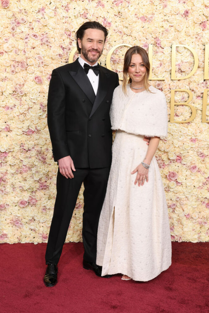 Tom Pelphrey and Kaley Cuoco attend the 82nd Annual Golden Globe Awards at The Beverly Hilton on January 05, 2025