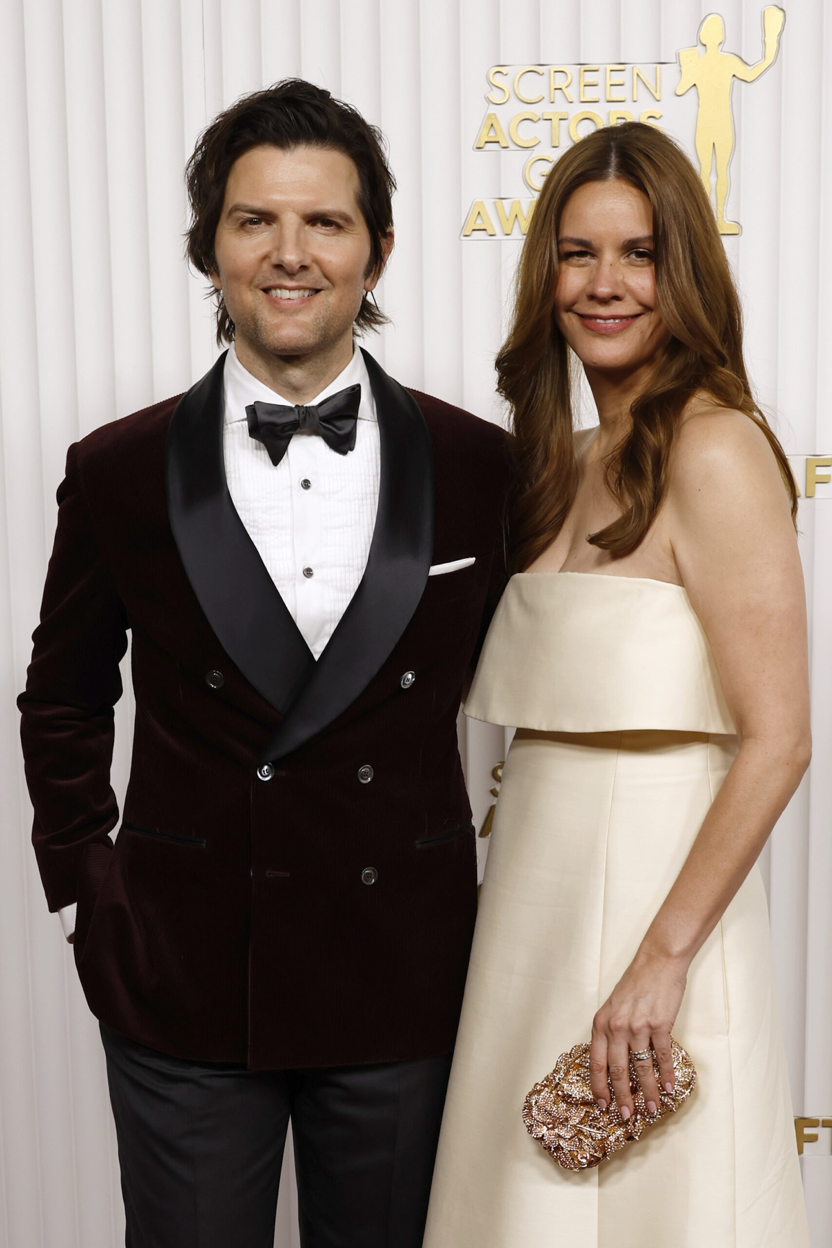 Adam Scott and Naomi Scott attend the 29th Annual Screen Actors Guild Awards at Fairmont Century Plaza on February 26, 2023 in Los Angeles, California.