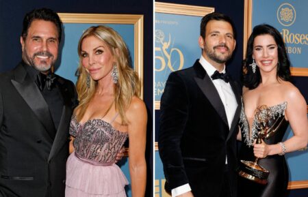 Don Diamont and Cindy Ambuehl attend the 50th Daytime Emmy Awards at The Westin Bonaventure Hotel & Suites, Los Angeles on December 15, 2023 in Los Angeles, California / Jacqueline MacInnes Wood and Elan Ruspoli pose with the award for 