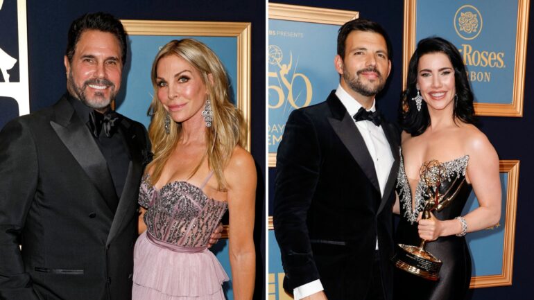 Don Diamont and Cindy Ambuehl attend the 50th Daytime Emmy Awards at The Westin Bonaventure Hotel & Suites, Los Angeles on December 15, 2023 in Los Angeles, California / Jacqueline MacInnes Wood and Elan Ruspoli pose with the award for 