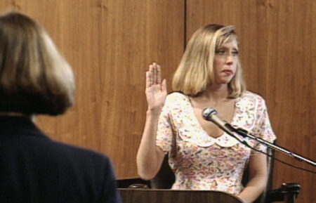 Tracyraquel Burns taking the stand at the trial of her father, Jan Barry Sandlin, in Burden of Guilt, episode 2, streaming on Paramount+, 2025.