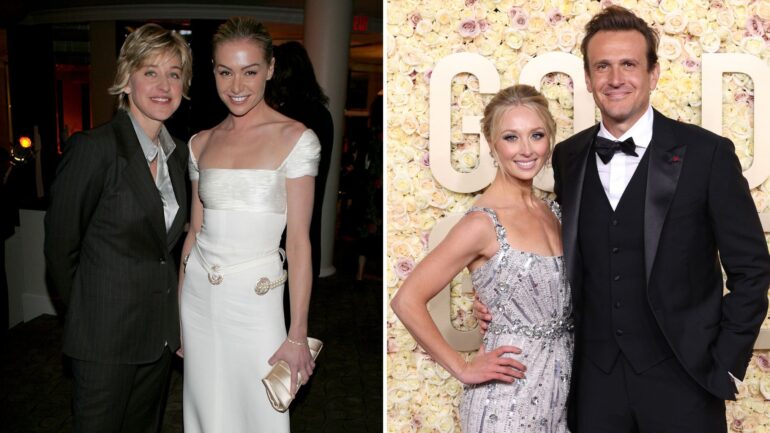 Actresses Ellen DeGeneres and Portia de Rossi pose at the Fox Golden Globe After Party at the Beverly Hilton Hotel on January 16, 2004 in Beverly Hills, California / Kayla Radomski and Jason Segel attend the 81st Annual Golden Globe Awards at The Beverly Hilton on January 07, 2024 in Beverly Hills, California.