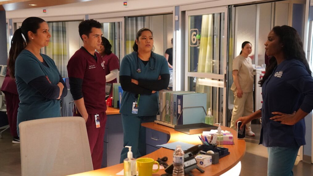 Lorena Diaz as Nurse Doris, Darren Barnet as Dr. John Frost, Marie Tredway as Nurse Trini, Marlyne Barrett as Maggie Lockwood — 'Chicago Med' Season 10 Episode 9 