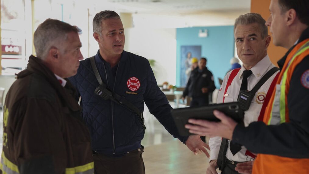 David Eigenberg as Christopher Herrmann, Taylor Kinney as Kelly Severide, Dermot Mulroney as Chief Dom Pascal — 'Chicago Med' Season 10 Episode 11 