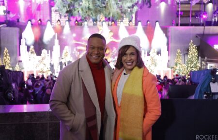 NBC anchors Craig Melvin and Hoda Kotb pose during the 2022 Rockefeller Center Christmas Tree Lighting Ceremony