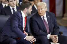 Vice President-elect JD Vance and President-elect Donald Trump talk during inauguration ceremonies in the U.S. Capitol Rotunda on January 20, 2025 in Washington, DC.